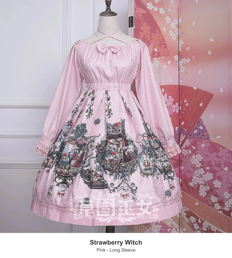 Strawberry Witch Qiboer Storybook Print Lolita OP Dress - Pink - Long Sleeve