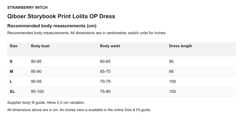 Qiboer Storybook Print Lolita OP Dress - English size chart in centimetres
