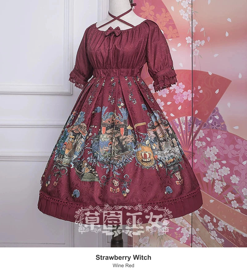 Strawberry Witch Qiboer Storybook Print Lolita OP Dress - Wine Red