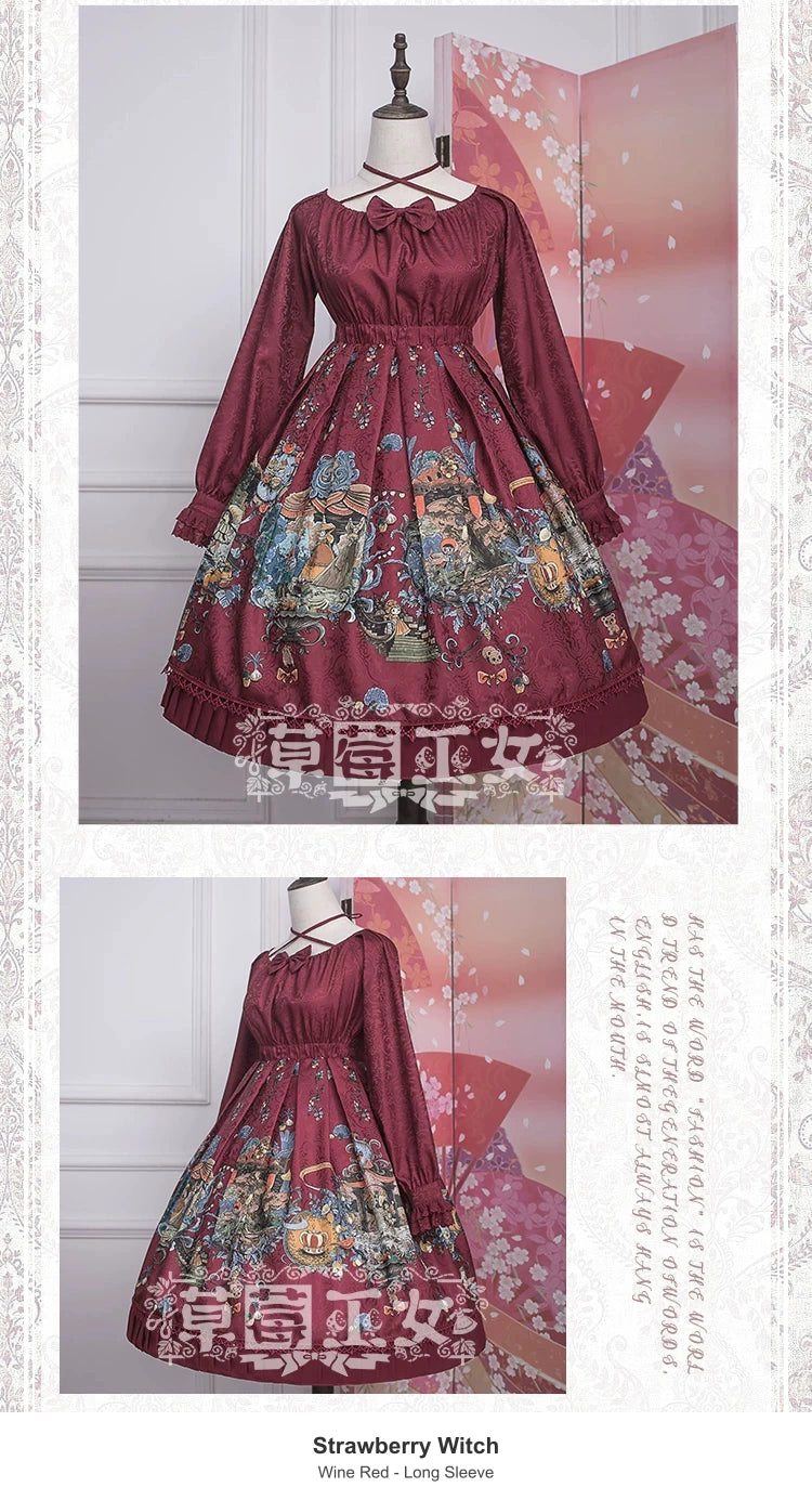 Strawberry Witch Qiboer Storybook Print Lolita OP Dress - Wine Red - Long Sleeve