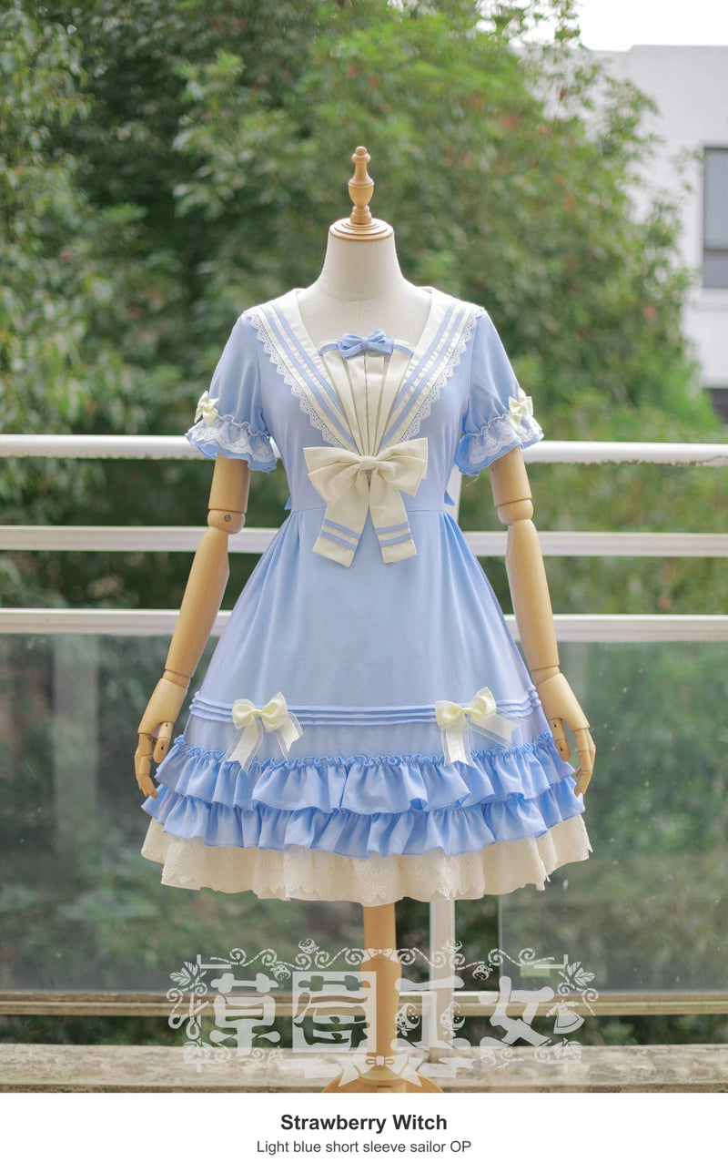 Strawberry Witch Rhine River Sailor Lolita OP Dress - Light blue short sleeve sailor OP