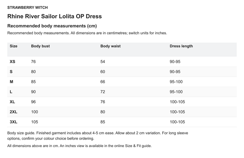 Rhine River Sailor Lolita OP Dress - English size chart in centimetres