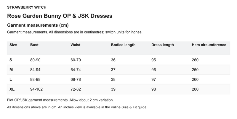 Rose Garden Bunny OP & JSK Dresses - English size chart in centimetres