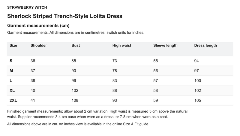 Sherlock Striped Trench-Style Lolita Dress - English size chart in centimetres