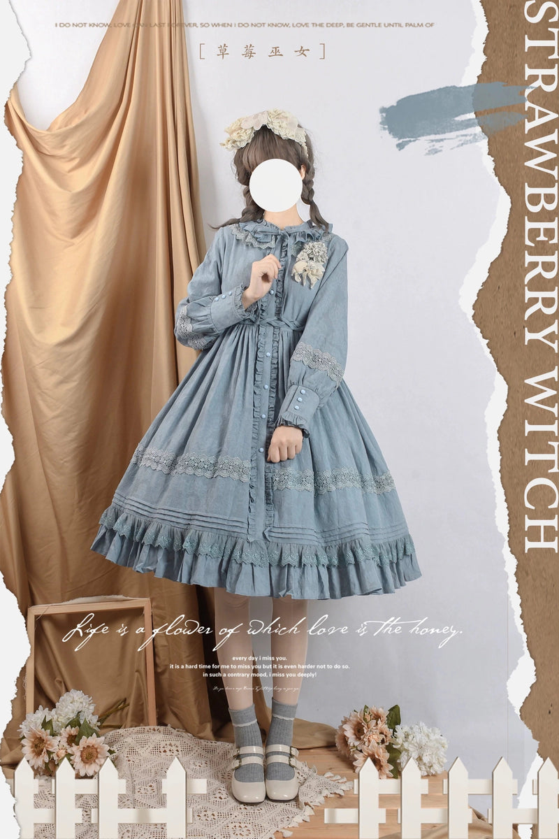 Strawberry Witch Spring Dawn Cotton Jacquard Lolita OP Dress - Blue OP alternate model view