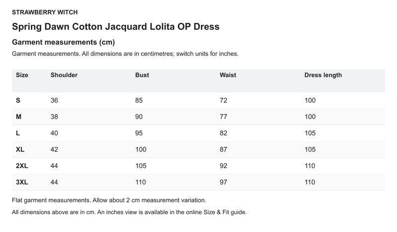 Spring Dawn Cotton Jacquard Lolita OP Dress - English size chart in centimetres
