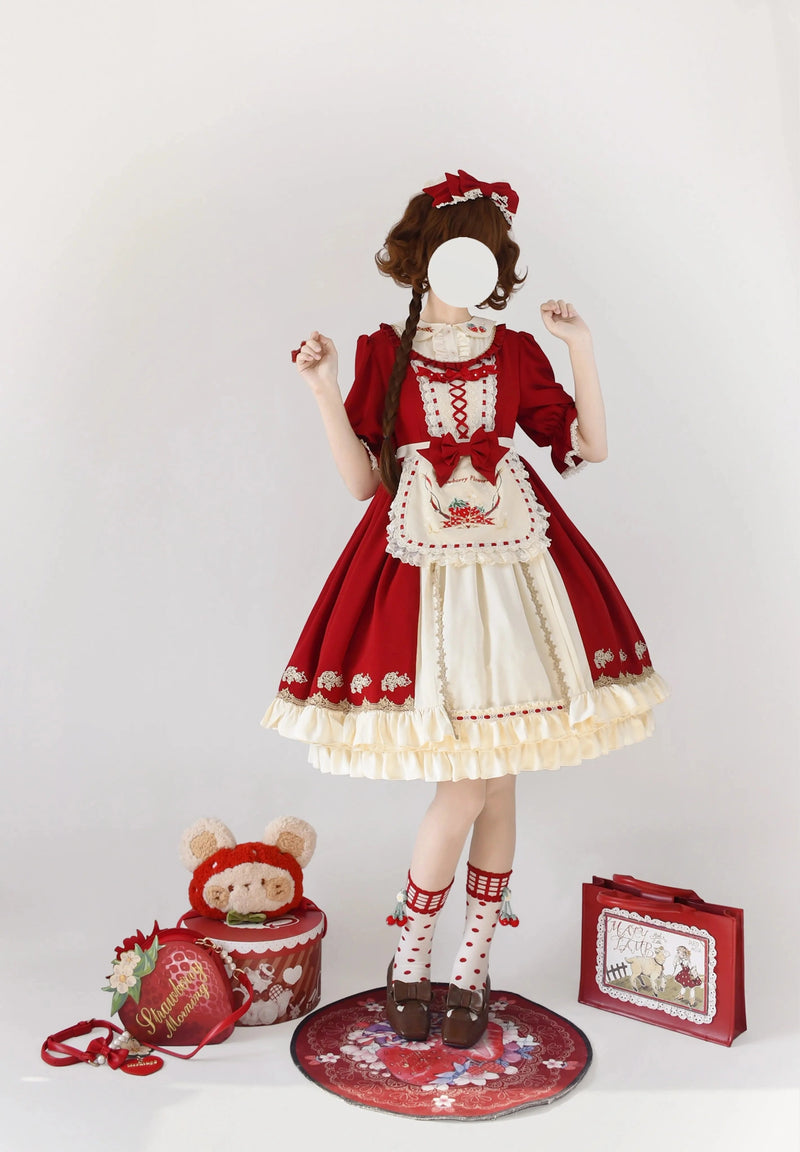Strawberry Witch Strawberry & Rose Apron OP Dress Set - Dress and apron front view