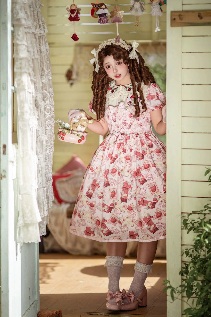 Strawberry Witch Strawberry Postage Stamp OP Dress - Pink - Embroidered Collar - Long Length