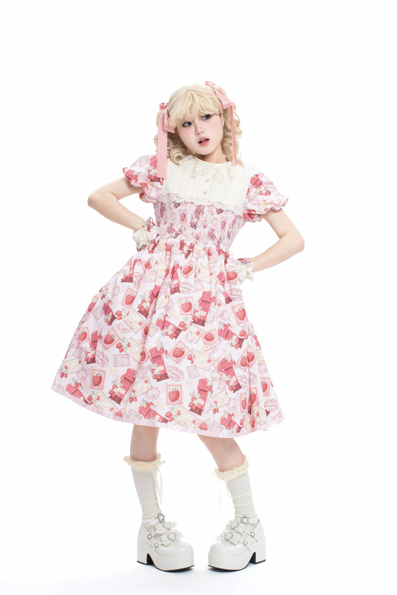 Strawberry Witch Strawberry Postage Stamp OP Dress - Pink - Lace Collar - Long Length