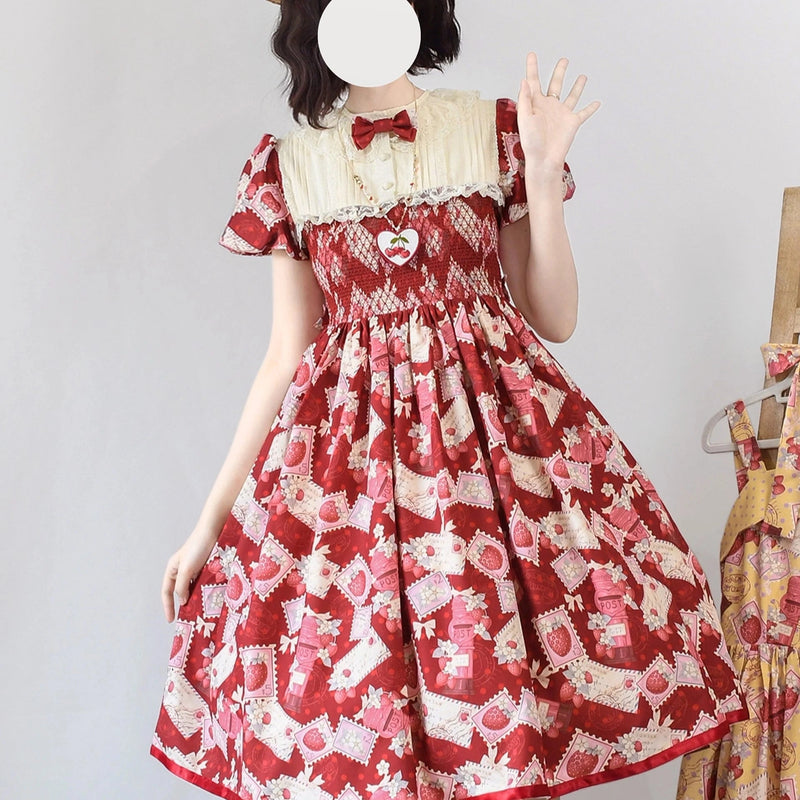 Strawberry Witch Strawberry Postage Stamp OP Dress - Wine red lace collar bodice detail