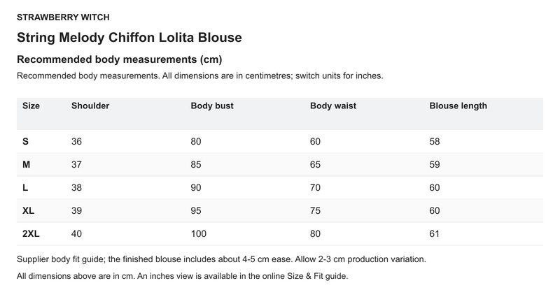 String Melody Chiffon Lolita Blouse - English size chart in centimetres