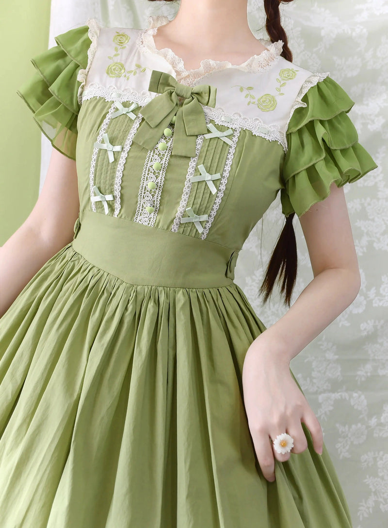 Strawberry Witch Summer Breeze Embroidered Lolita OP Dress - Bamboo green neckline and bodice