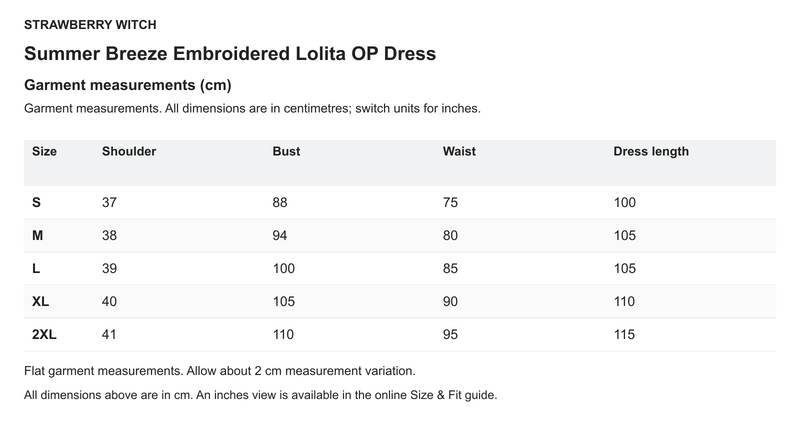 Summer Breeze Embroidered Lolita OP Dress - English size chart in centimetres