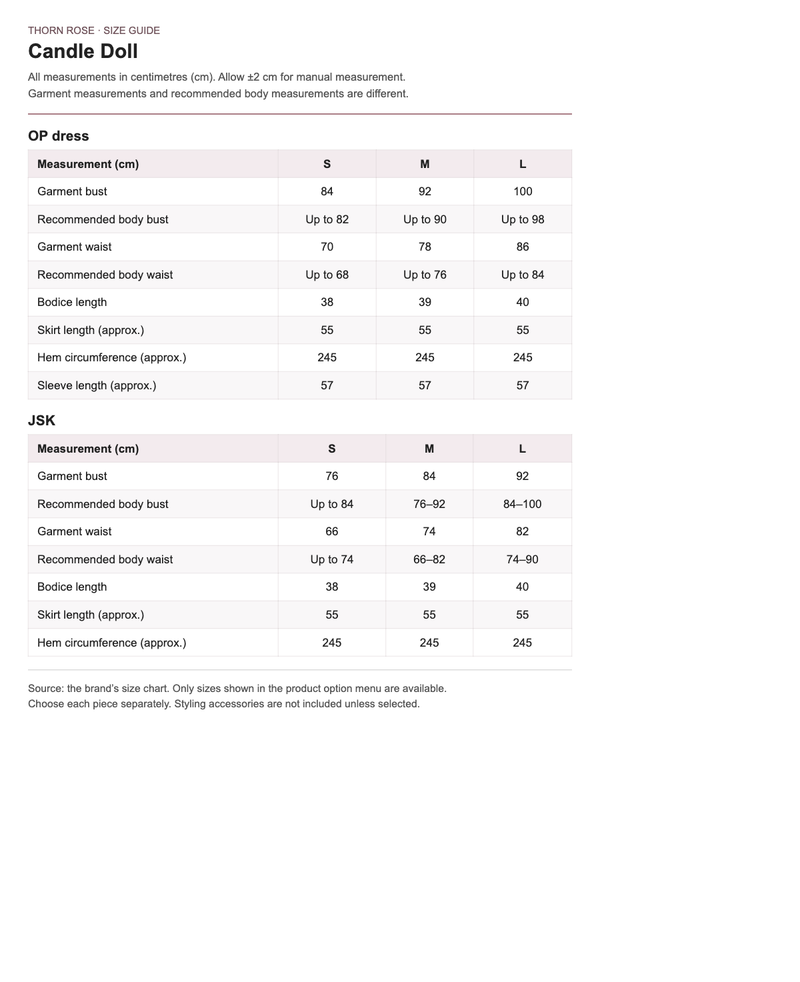 Candle Doll English size guide for OP dresses and JSKs, in centimetres
