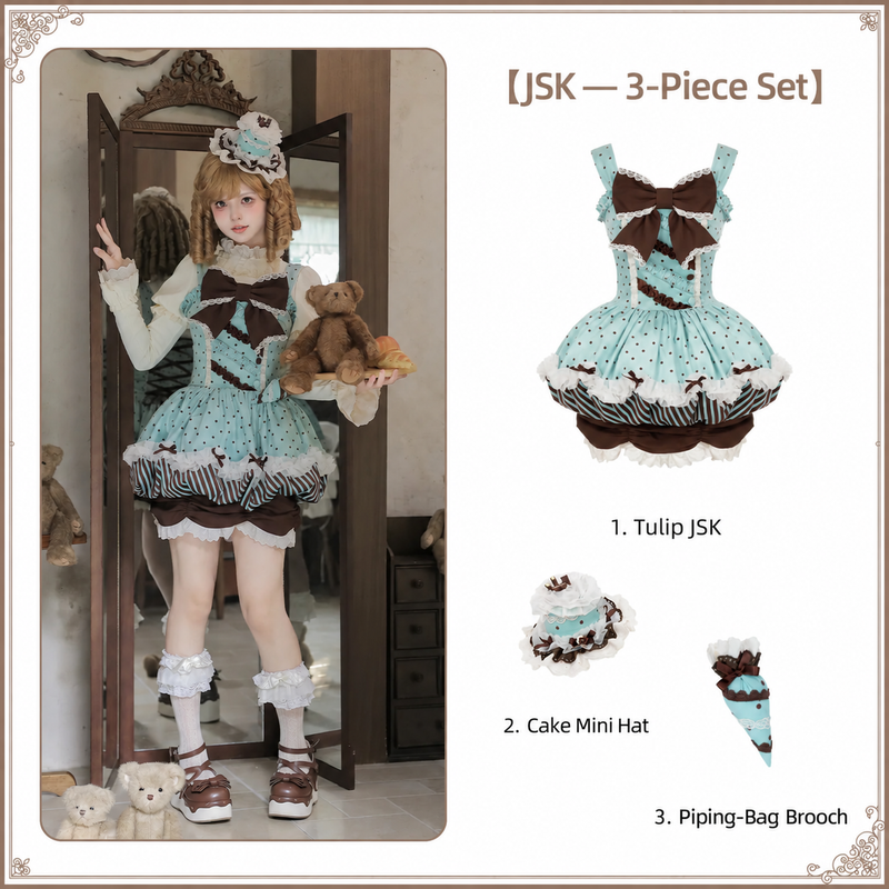 Letters & Verse Waitress Tulip JSK, cake mini hat and piping-bag brooch set contents