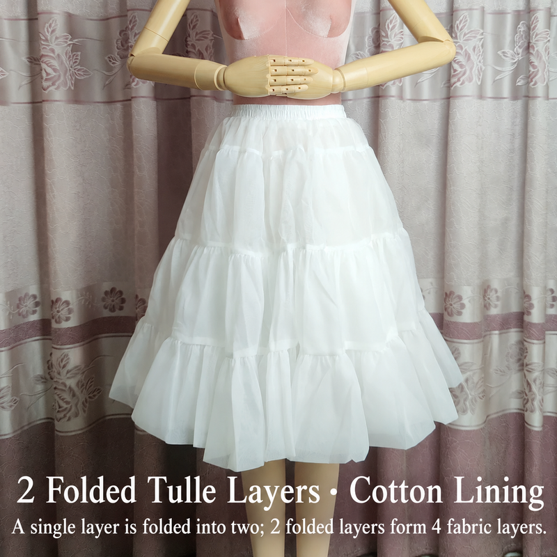 White 60 cm folded-tulle petticoat with cotton lining, two folded layers forming four fabric layers
