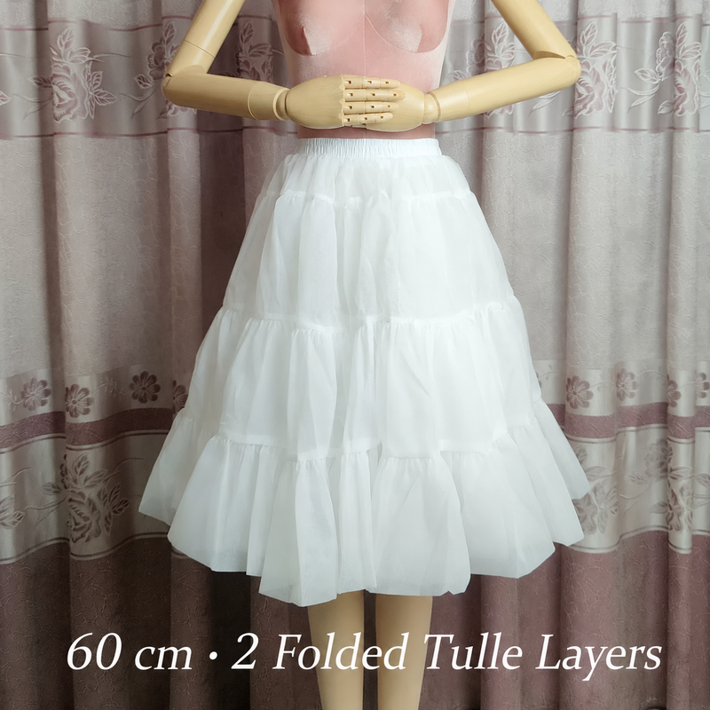 White 60 cm hoop-free petticoat with two folded tulle layers