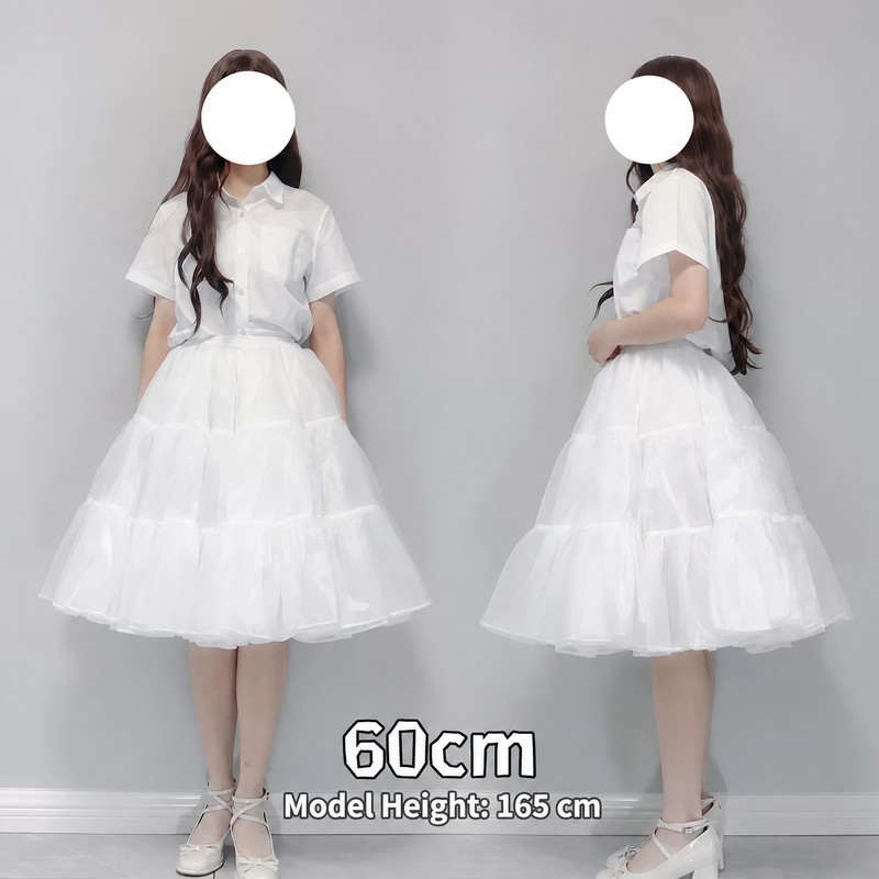 White 60 cm four-layer long petticoat, full front and side views on a 165 cm model