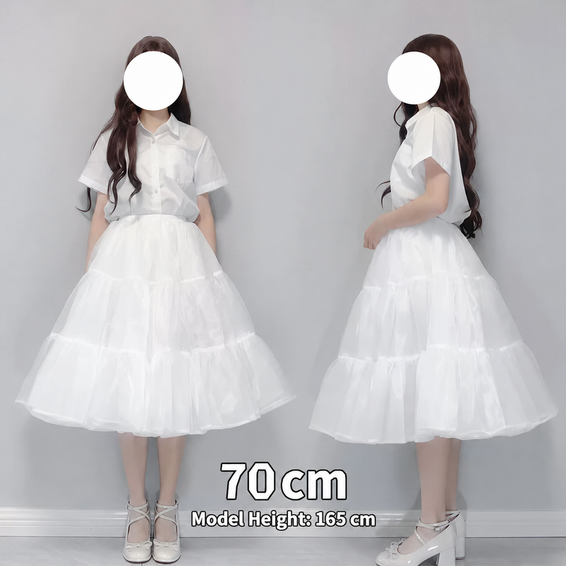 White 70 cm four-layer long petticoat, full front and side views on a 165 cm model