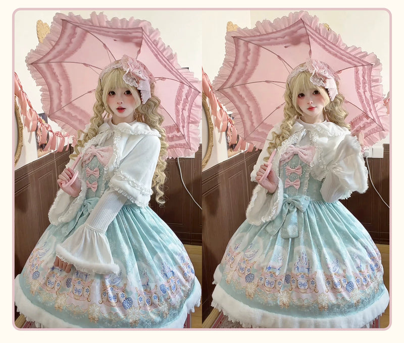Green Winter Snowball JSK shown worn with coordinated white cape