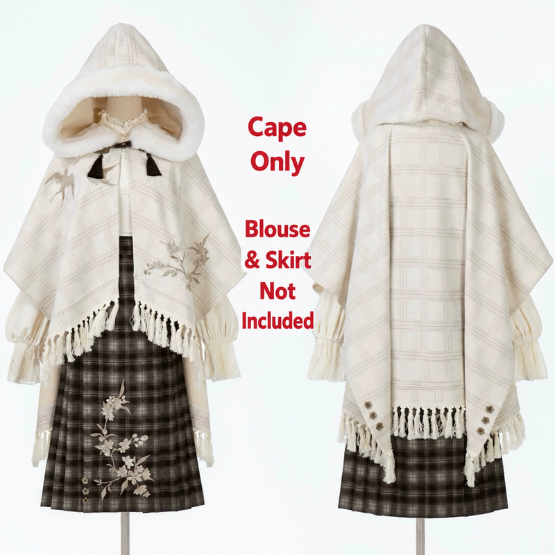 Winter Story Snow Rose hooded cape, front and back styling views; cape only, blouse and skirt excluded