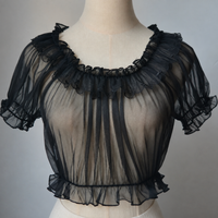 Zhijinyuan - Sheer Mesh - Off-Shoulder Blouse with Puff Sleeves - Black Short Sleeve Blouse / One Size