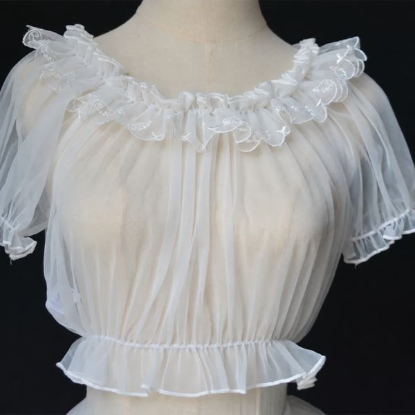 Zhijinyuan Sheer Mesh Off Shoulder Blouse — White sheer mesh short sleeve blouse