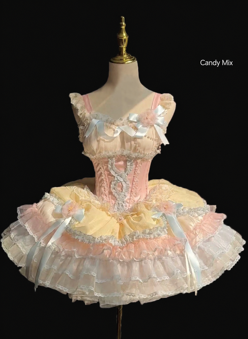 Zhijinyuan Shimmering Gift Box Ribbon JSK — Candy Mix JSK on a mannequin