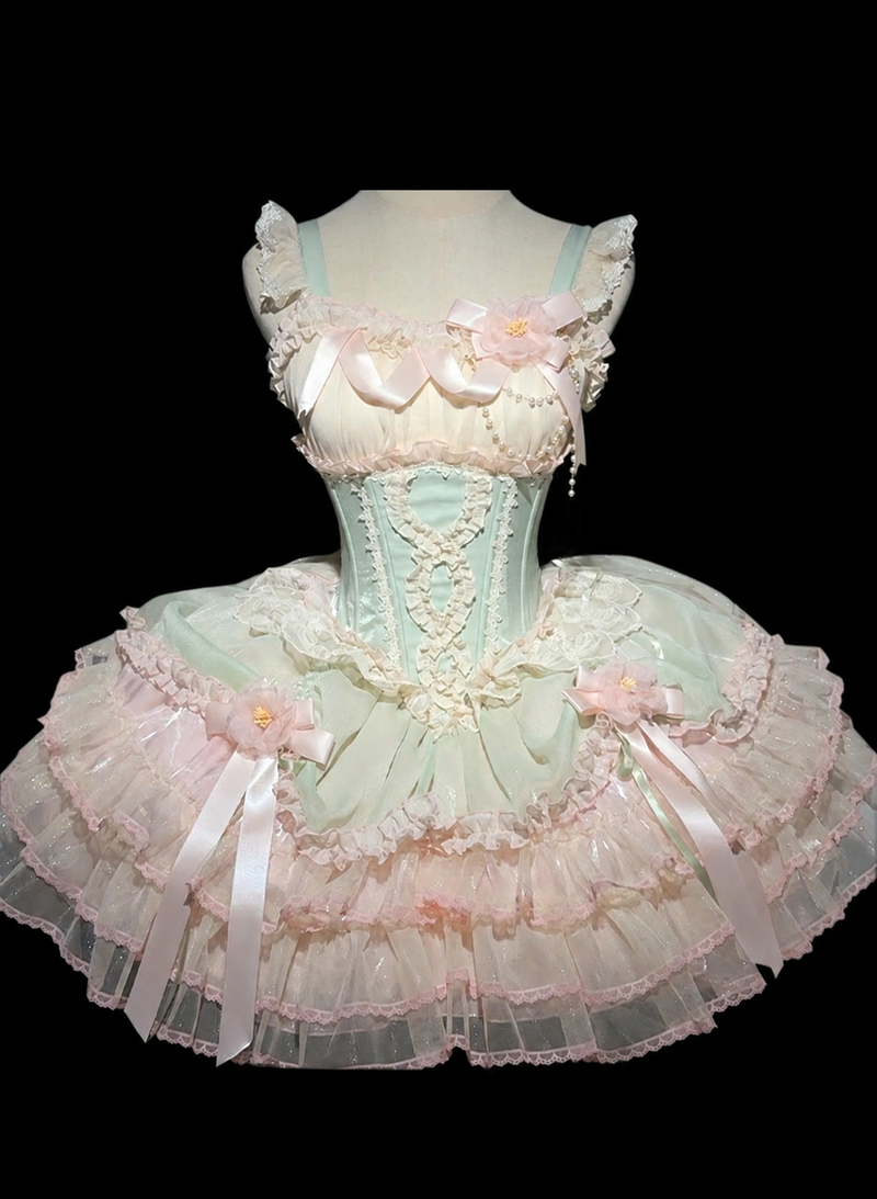 ZhiJinYuan Shimmering Gift Box mint and pink balletcore JSK dress