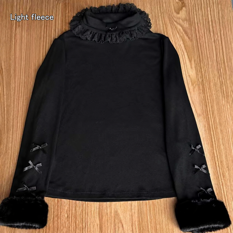 Zhijinyuan Soft Sweetheart Fleece Mock Neck Top — Black mock-neck top with plush cuffs