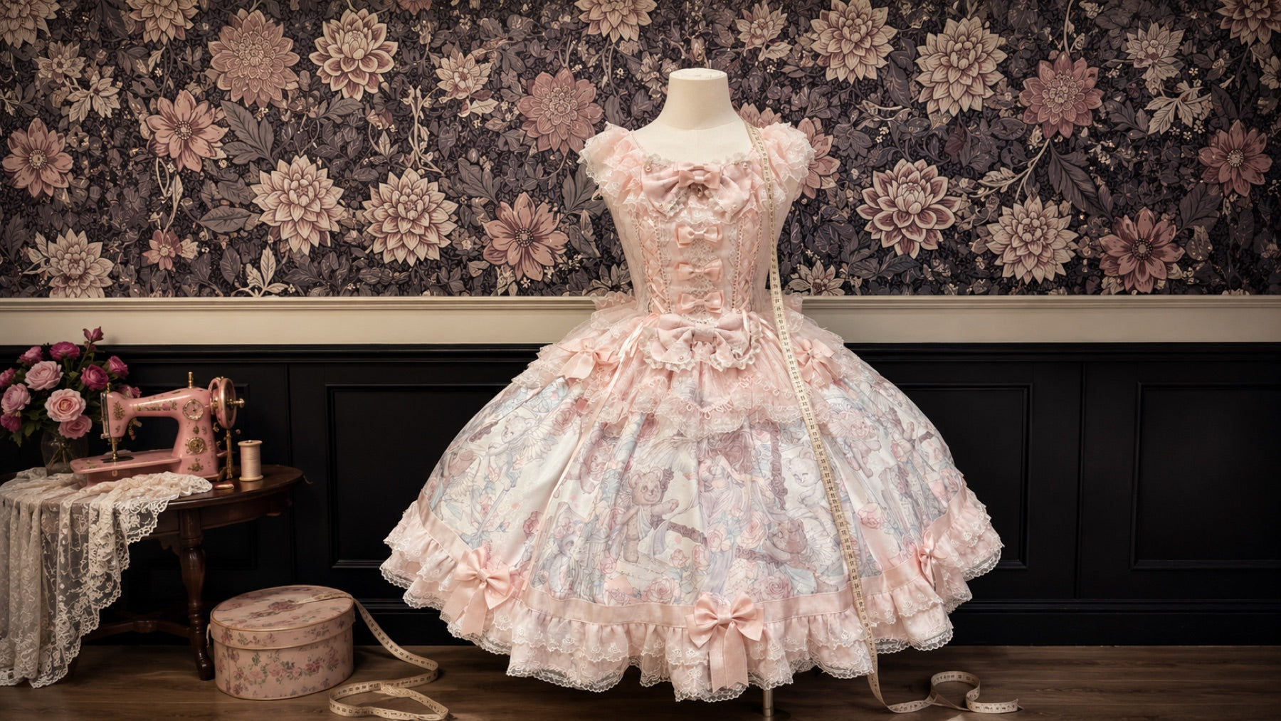 A pink Lolita dress displayed against a dark floral wall.