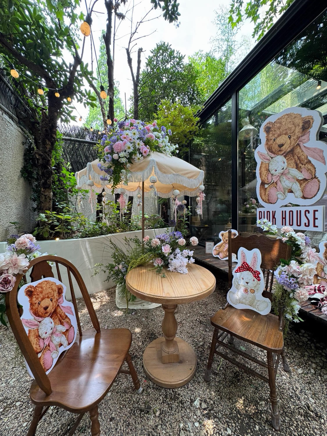 A quiet outdoor tea venue prepared for a Lolita community gathering.