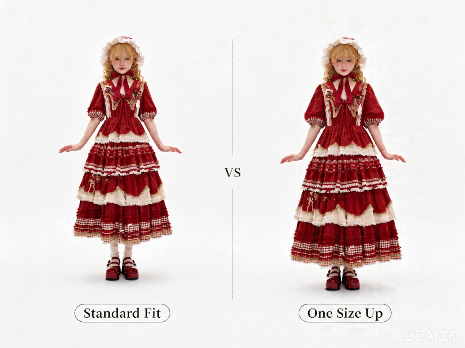 Two Lolita looks comparing a standard fit with a roomier size.
