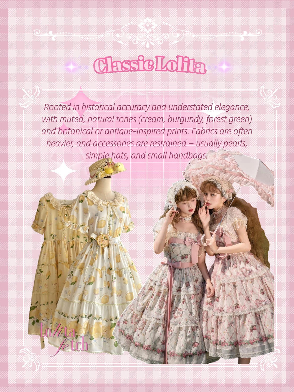 Original Classic Lolita visual guide with botanical prints, cream tones and restrained accessories.