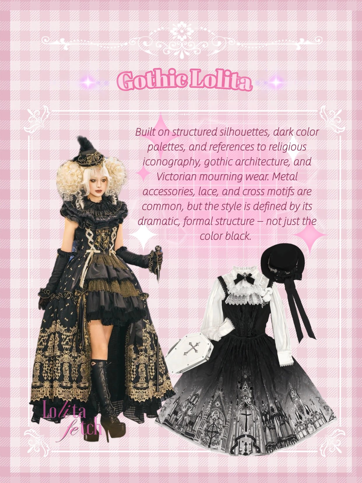 Original Gothic Lolita visual guide with structured black garments and architectural motifs.