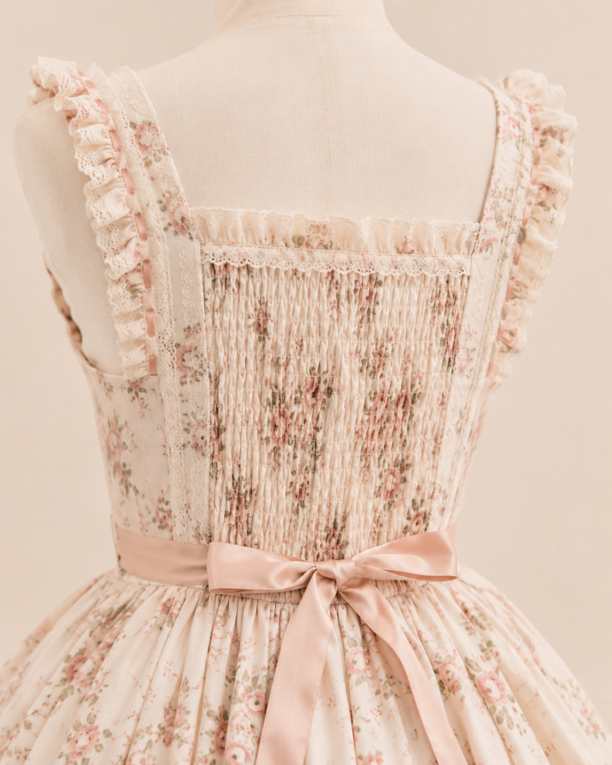 Close view of elastic shirring on the back of a Lolita dress.