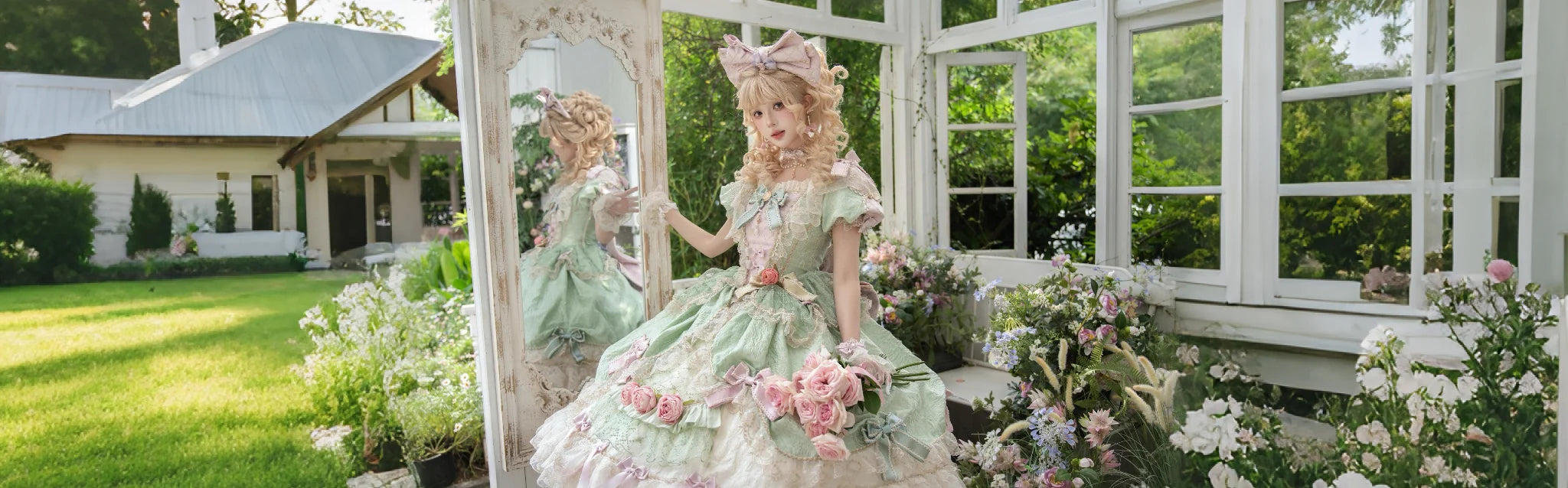 White Lolita bridal coordinate with lace, bows and layered volume
